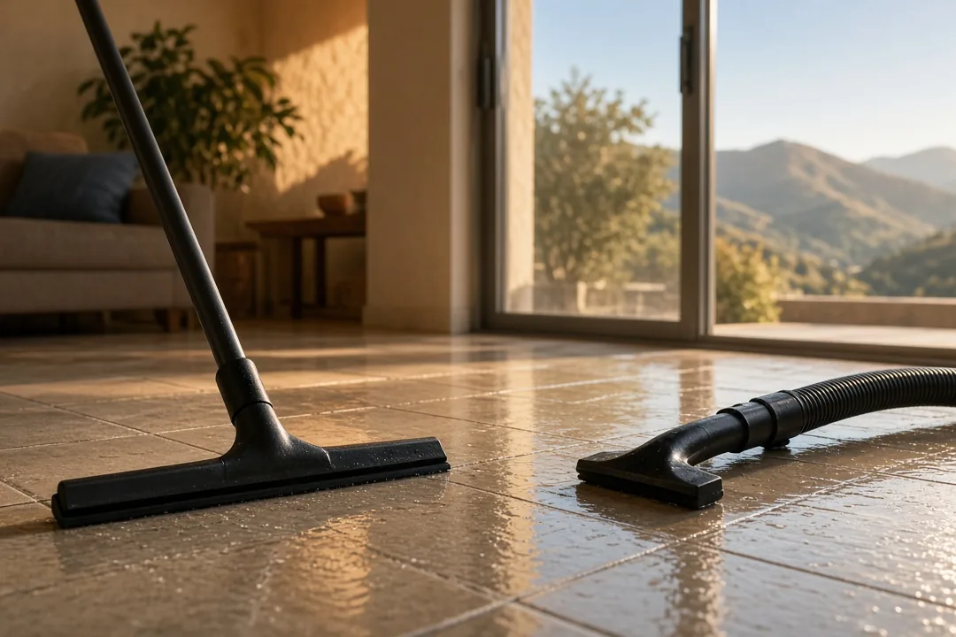 Wet-vac hose and squeegee clearing water from a tile floor