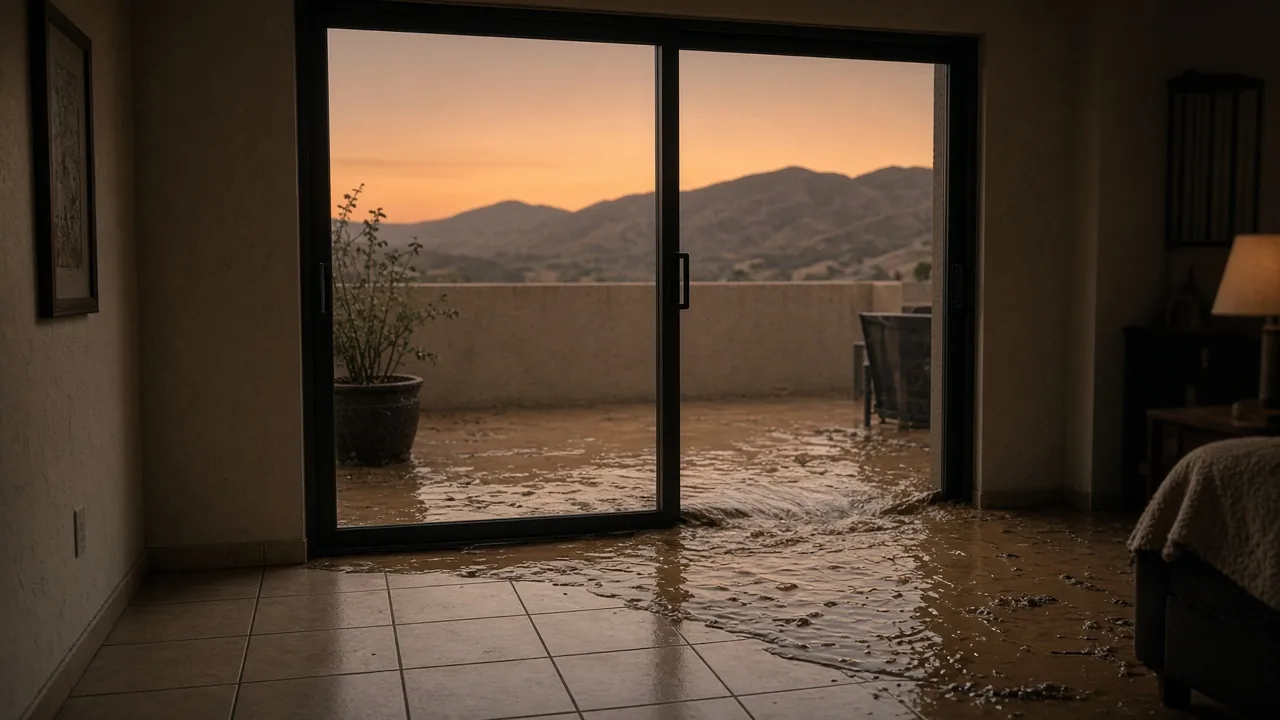 Inland California stucco home with muddy storm water at the patio door